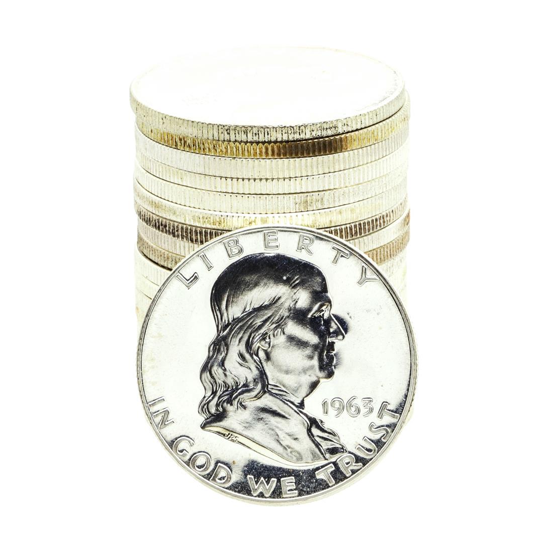 Roll of (20) Proof 1963 Franklin Half Dollar Coins: One Roll of (20) Proof 1963 Franklin Half Dollar Coins.