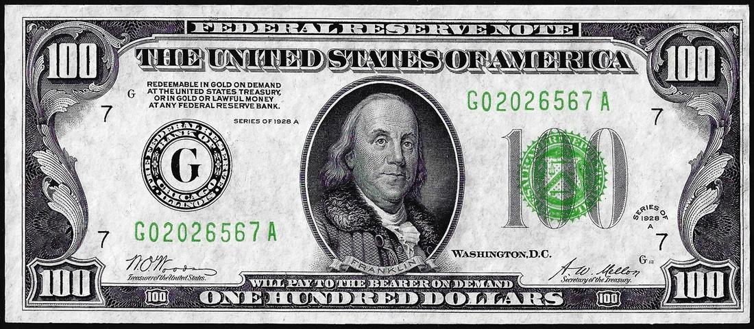 1928A $100 Federal Reserve Note Chicago Redeemable in Gold: One 1928A $100 Federal Reserve Note Chicago Redeemable in Gold.