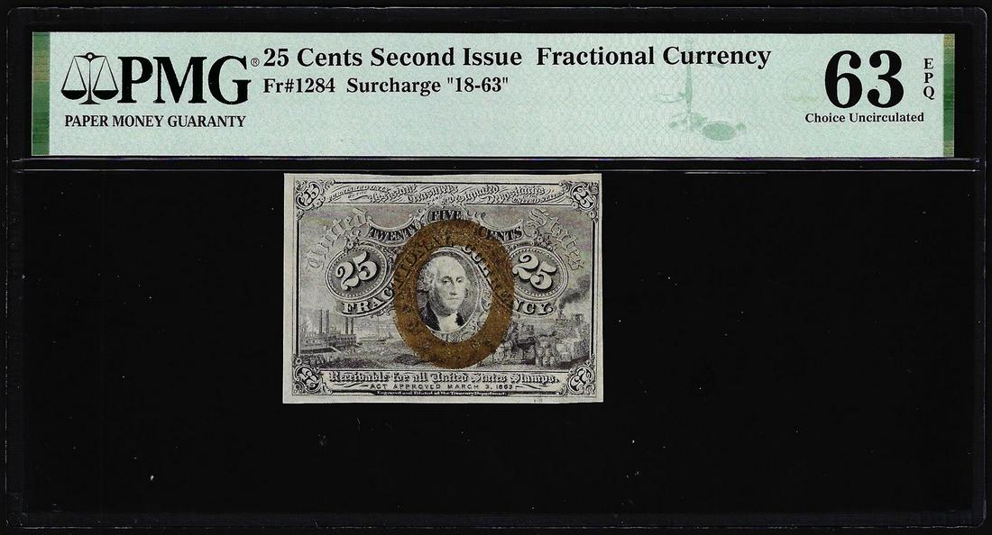 1863 Second Issue 25 Cents Fractional Currency Note Fr.1284 PMG Ch. Uncirculated 63EPQ: One 1863 Second Issue 25 Cents Fractional Currency Note Fr.1284 PMG Ch. Uncirculated 63EPQ. PMG Certified.