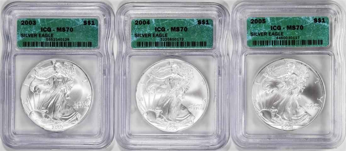 Lot of 2003-2005 $1 American Silver Eagle Coins ICG MS70: One Lot of 2003-2005 $1 American Silver Eagle Coins ICG MS70. ICG Certified.