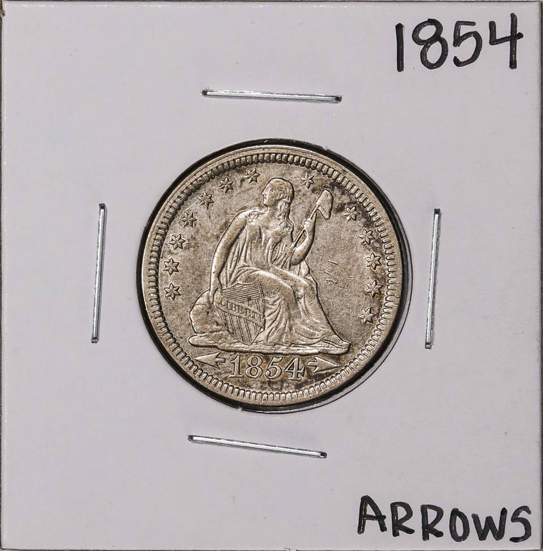 1854 w/Arrows Seated Liberty Quarter Coin: One 1854 w/Arrows Seated Liberty Quarter Coin.