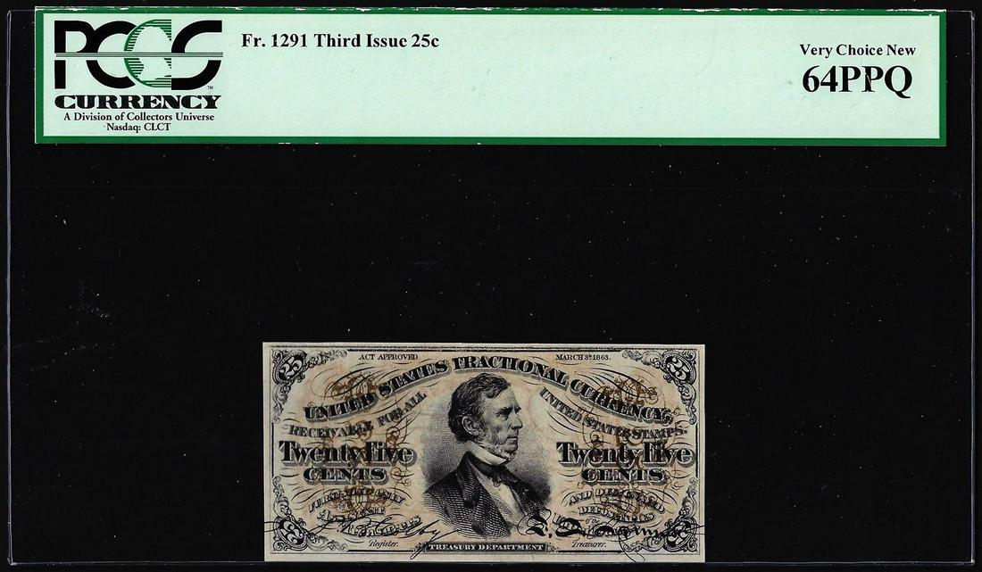 1863 Third Issue 25 Cents Fractional Currency Note Fr.1291 PCGS Very Choice New 64PPQ: One 1863 Third Issue 25 Cents Fractional Currency Note Fr.1291 PCGS Very Choice New 64PPQ. PCGS Graded.