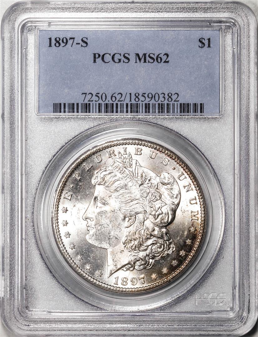 1897-S $1 Morgan Silver Dollar Coin PCGS MS62: One 1897-S $1 Morgan Silver Dollar Coin PCGS MS62. PCGS Graded.