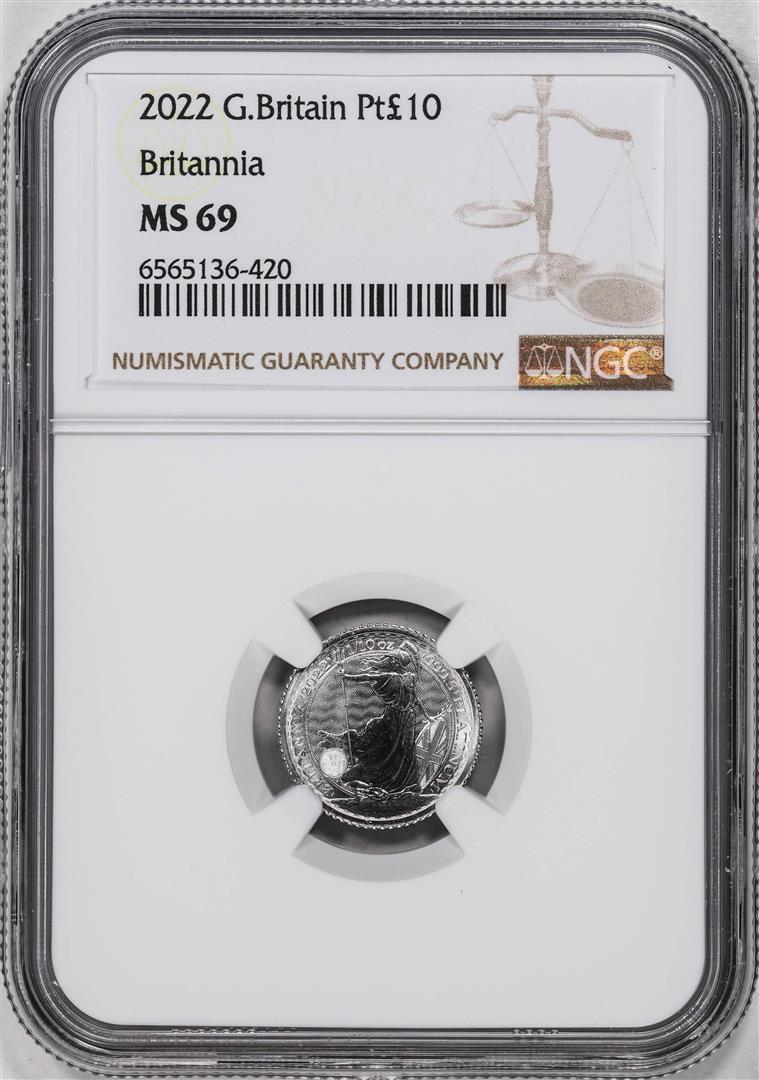 2022 Great Britain 10 Pounds Britannia 1/10oz Platinum Coin NGC MS69: One 2022 Great Britain 10 Pounds Britannia 1/10oz Platinum Coin NGC MS69. NGC Certified.