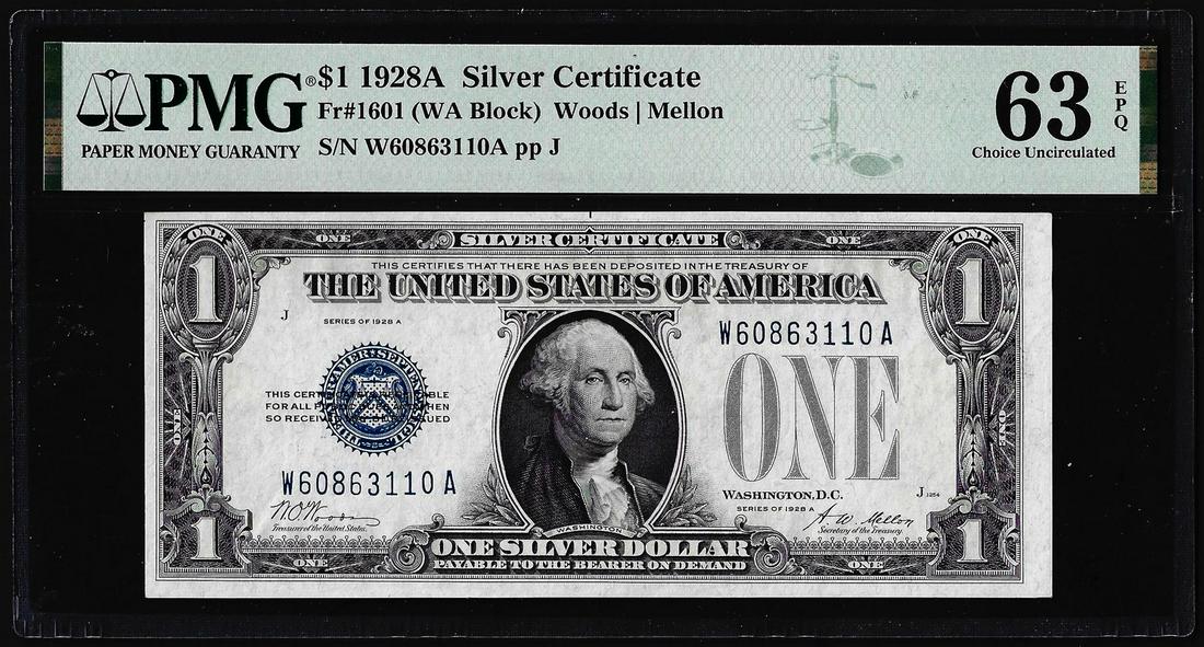 1928A $1 Funnyback Silver Certificate Note Fr.1601 PMG Choice Uncirculated 63EPQ: One 1928A $1 Funnyback Silver Certificate Note Fr.1601 PMG Choice Uncirculated 63EPQ . PMG Certified.