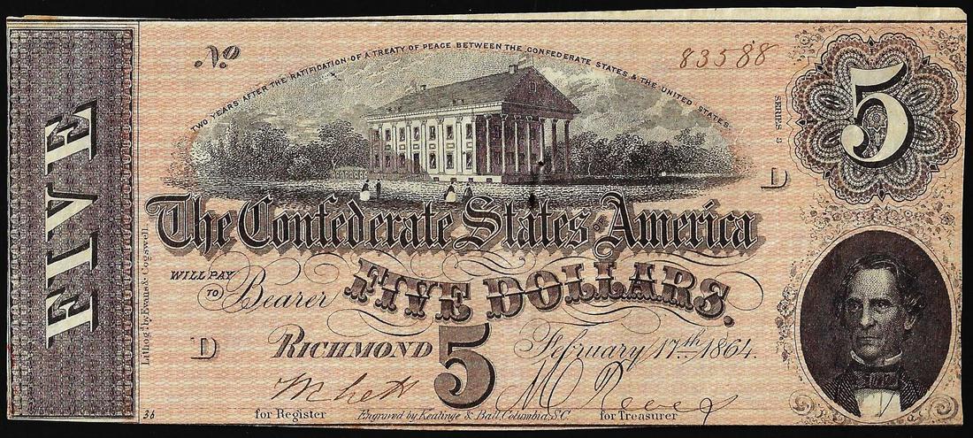 1864 $5 Confederate States of America Note: One 1864 $5 Confederate States of America Note.