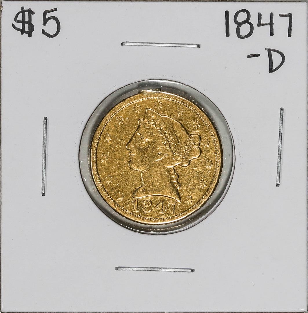 1847-D $5 Liberty Head Half Eagle Gold Coin Ex-Jewelry: One 1847-D $5 Liberty Head Half Eagle Gold Coin Ex-Jewelry.