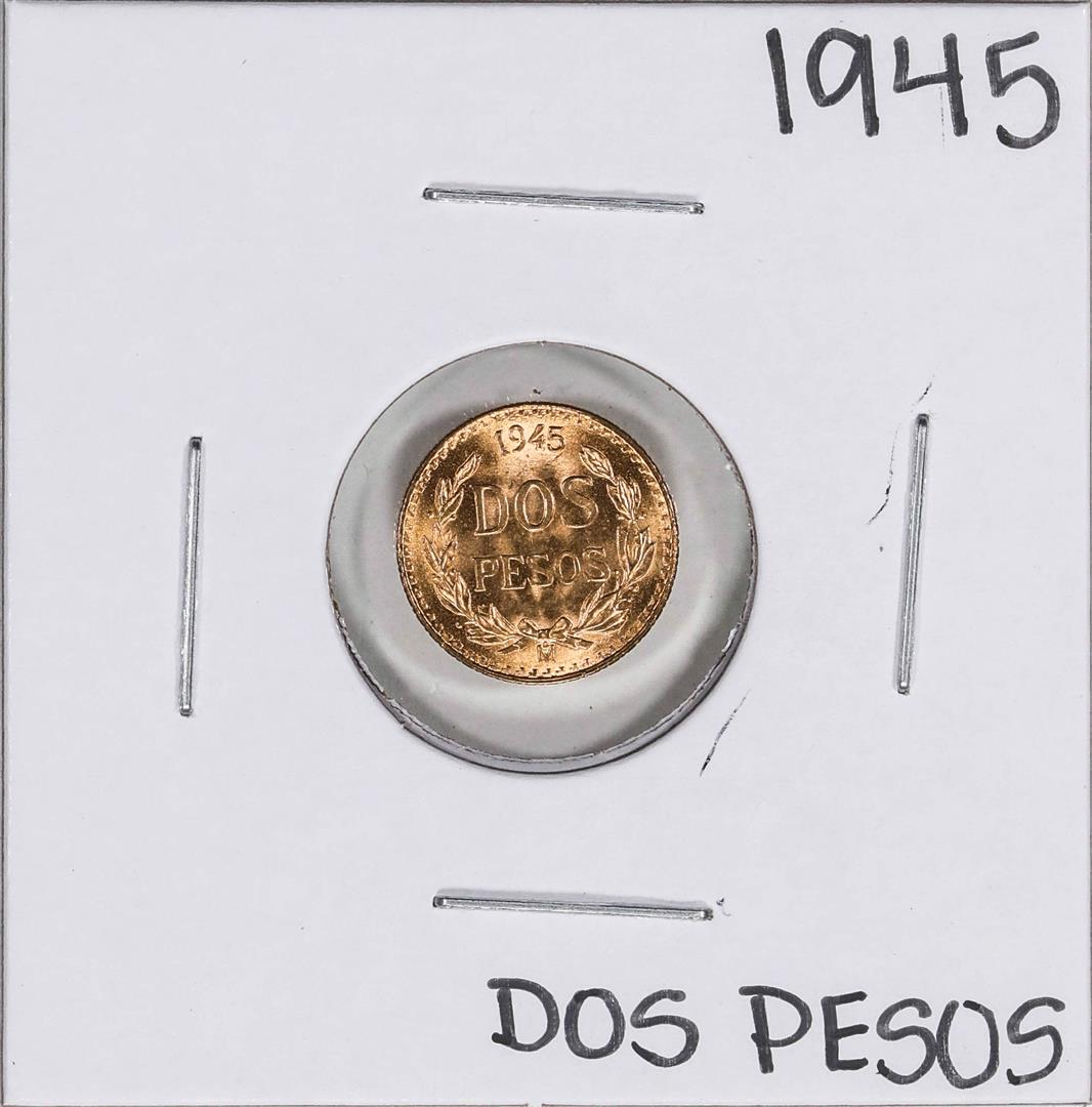 1945 Mexico Dos Pesos Gold Coin: One 1945 Mexico Dos Pesos Gold Coin.