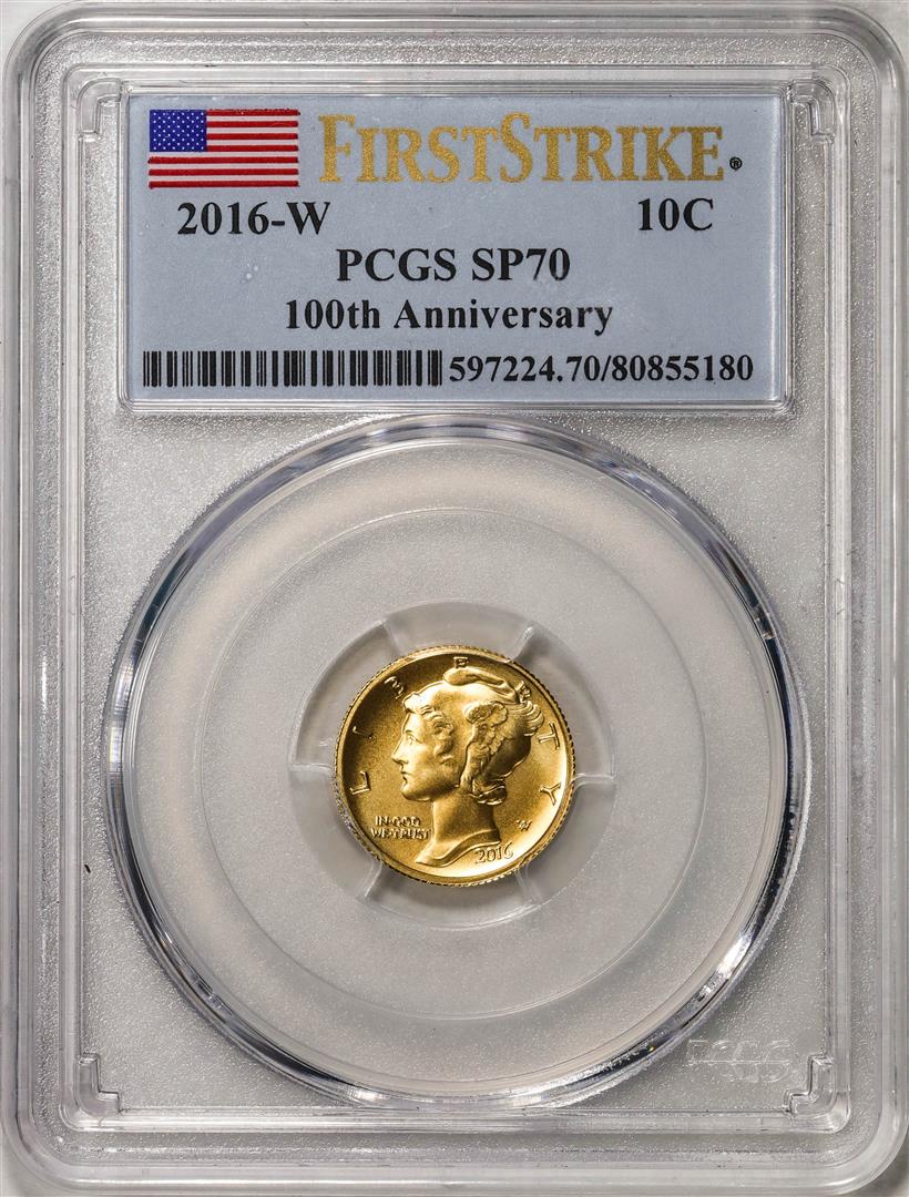 2016-W Mercury Dime Gold Centennial Commemorative Coin PCGS SP70 First Strike: One 2016-W Mercury Dime Gold Centennial Commemorative Coin PCGS SP70 First Strike. PCGS Graded.