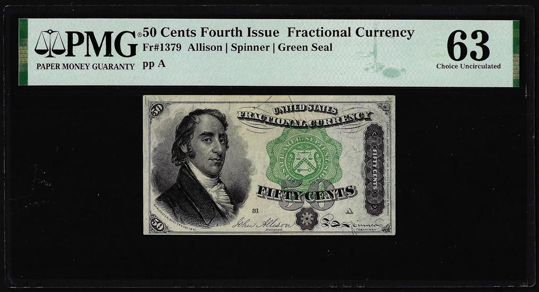1863 Fourth Issue 50 Cents Fractional Currency Note Fr.1379 PMG Choice Uncirculated 63: One 1863 Fourth Issue 50 Cents Fractional Currency Note Fr.1379 PMG Choice Uncirculated 63. PMG Certified.