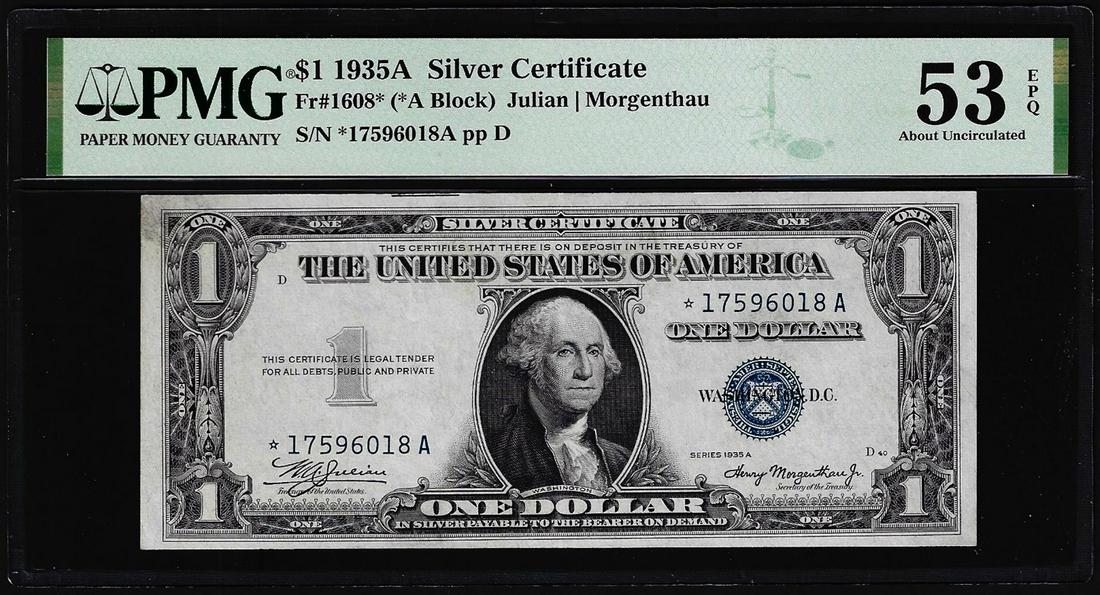 1935A $1 Silver Certificate STAR Note Fr.1608* PMG About Uncirculated 53EPQ: One 1935A $1 Silver Certificate STAR Note Fr.1608* PMG About Uncirculated 53EPQ. PMG Certified.