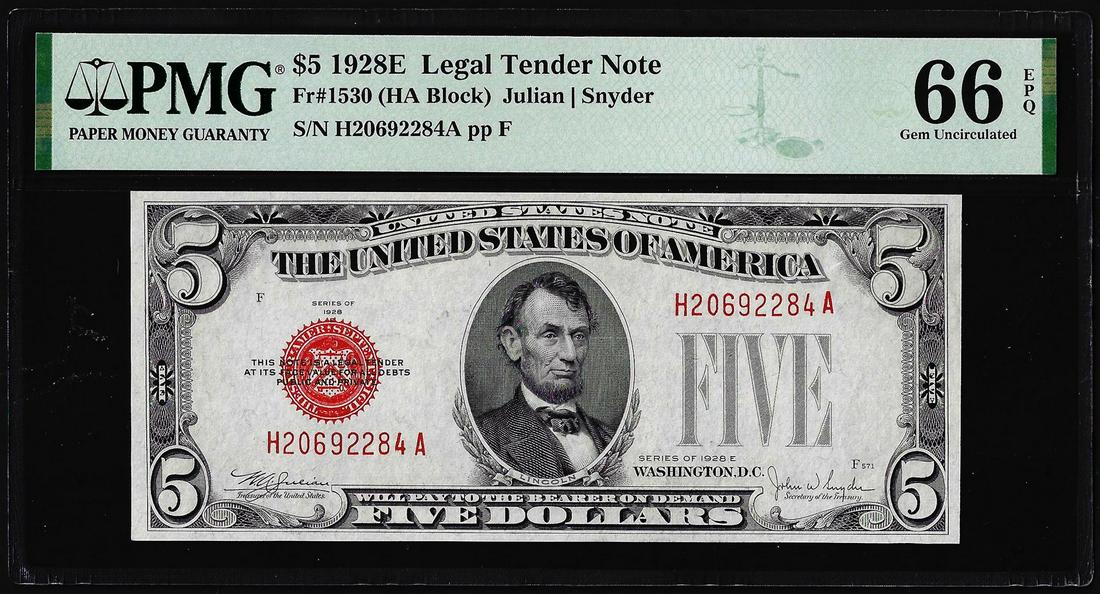 1928E $5 Legal Tender Note Fr.1530 PMG Gem Uncirculated 66EPQ: One 1928E $5 Legal Tender Note Fr.1530 PMG Gem Uncirculated 66EPQ. PMG Certified.