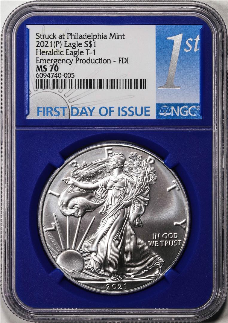 2021(P) Type 1 $1 American Silver Eagle Coin NGC MS70 First Day Issue Philadelphia: One 2021(P) Type 1 $1 American Silver Eagle Coin NGC MS70 First Day Issue Philadelphia. NGC Certified.