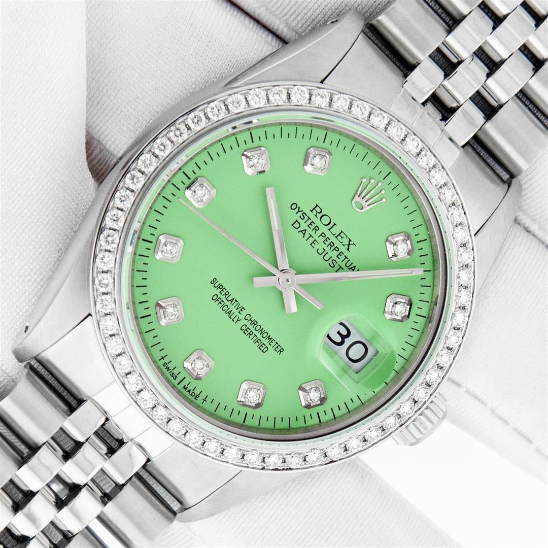 Rolex Men's Stainless Steel Green Diamond Datejust Wristwatch: One Men's Rolex Stainless Steel Datejust Polished Bright with Satin Finish, This Watch Has Been Serviced & Electronically Tested, Rolex Stainless Steel Case: 36mm, Rolex Stainless Steel Crown, Custom