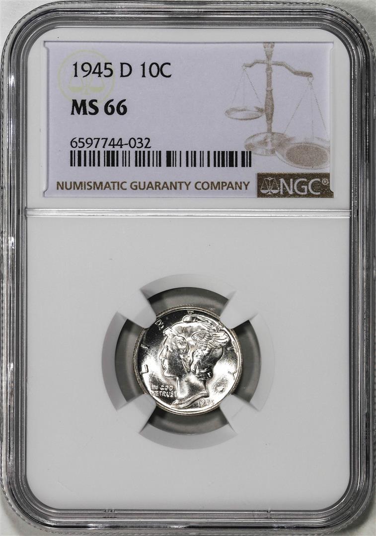 1945-D Mercury Dime Coin NGC MS66: One 1945-D Mercury Dime Coin NGC MS66. NGC Certified.