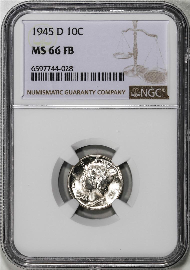 1945-D Mercury Dime Coin NGC MS66FB: One 1945-D Mercury Dime Coin NGC MS66FB. NGC Certified.