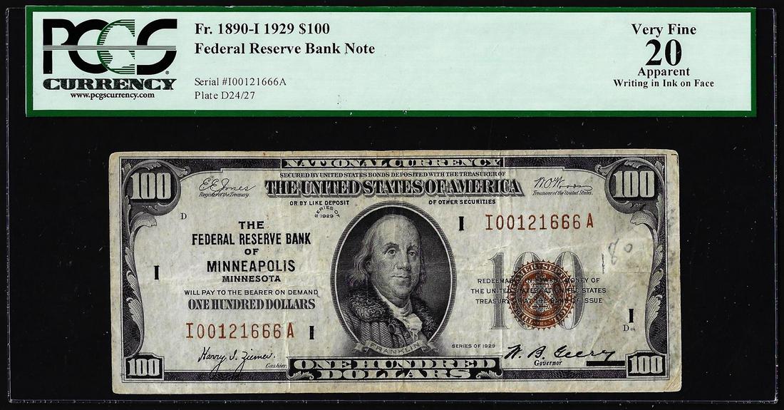1929 $100 Federal Reserve Note Minneapolis Fr.1890-I PCGS Very Fine 20: One 1929 $100 Federal Reserve Note Minneapolis Fr.1890-I PCGS Very Fine 20. PCGS Graded.