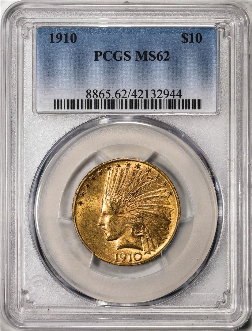 1910 $10 Indian Head Eagle Gold Coin PCGS MS62: One 1910 $10 Indian Head Eagle Gold Coin PCGS MS62. PCGS Graded.