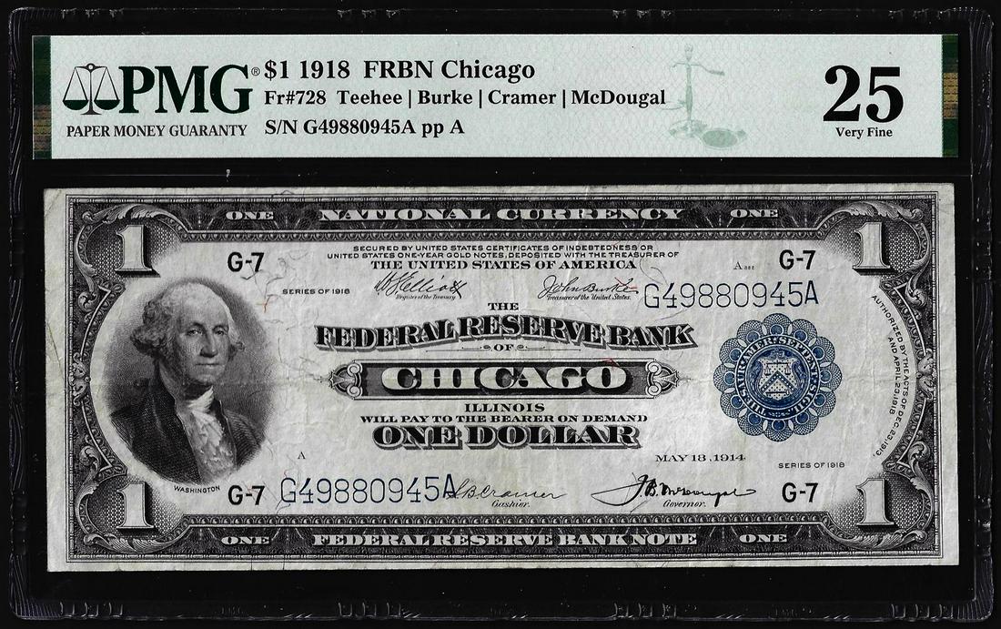 1918 $1 Federal Reserve Bank Note Chicago Fr.728 PMG Very Fine 25: One 1918 $1 Federal Reserve Bank Note Chicago Fr.728 PMG Very Fine 25. PMG Certified.