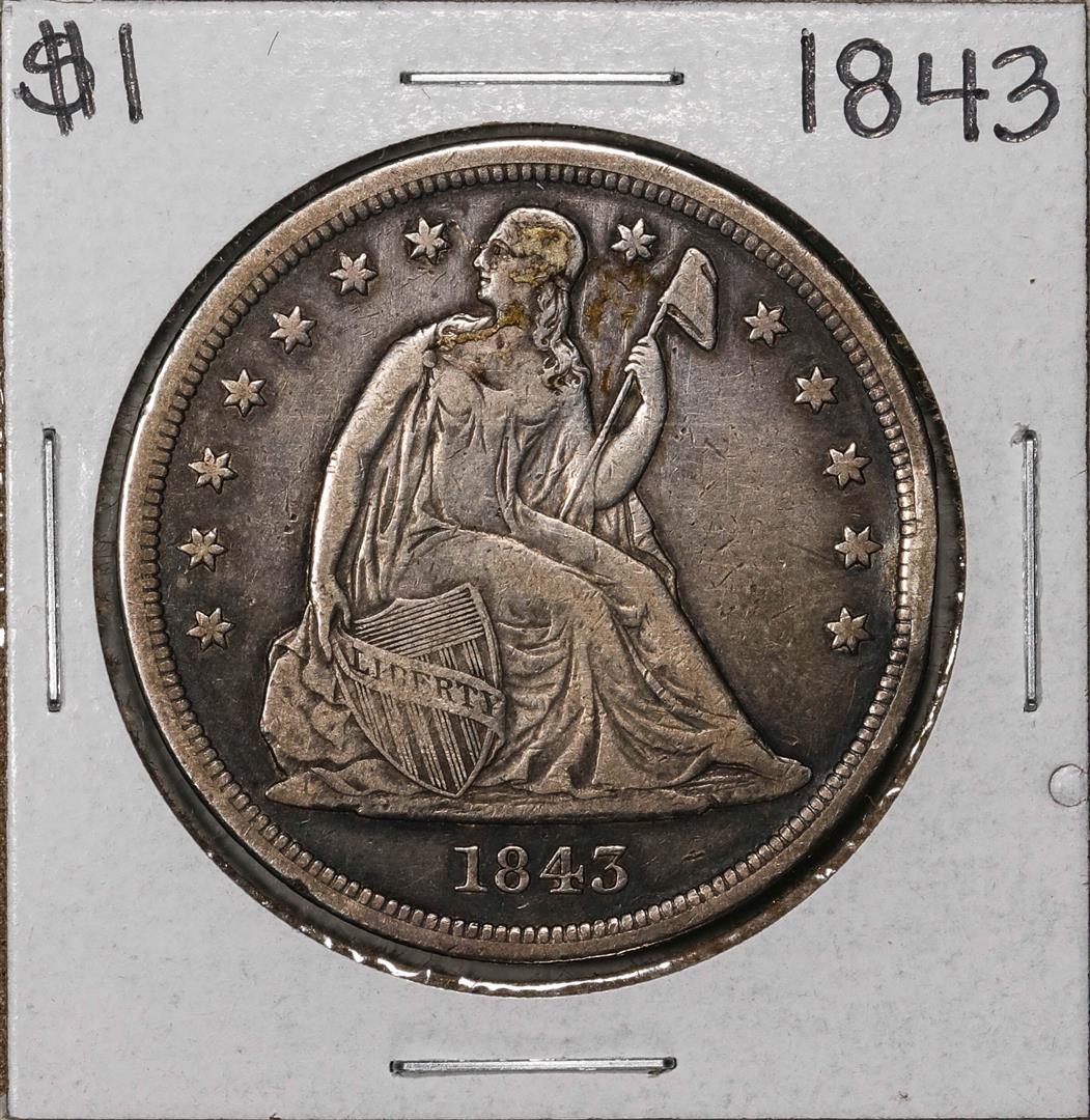 1843 $1 Seated Liberty Silver Dollar Coin: One 1843 $1 Seated Liberty Silver Dollar Coin.