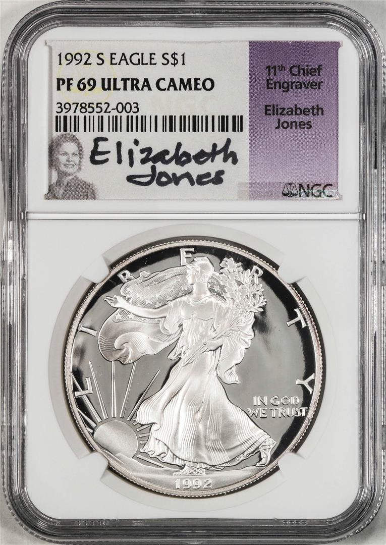 1992-S $1 Proof American Silver Eagle Coin NGC PF69 Ultra Cameo E. Jones Signature: One 1992-S $1 Proof American Silver Eagle Coin NGC PF69 Ultra Cameo Elizabeth Jones Signature. NGC Certified.