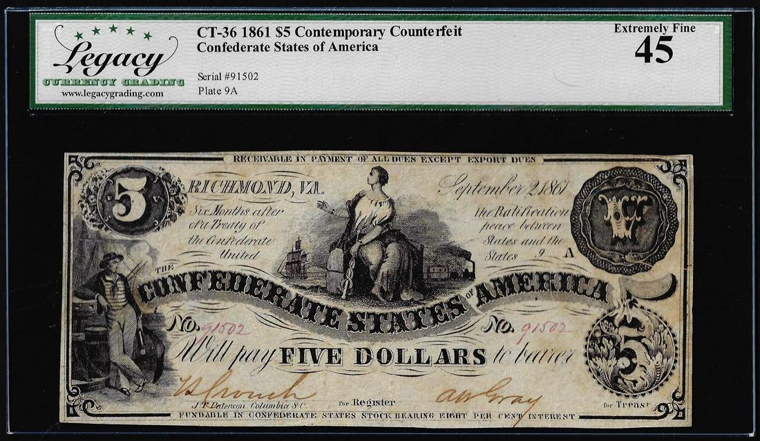 1861 $5 Contemporary Counterfeit Confederate States of America Note CT-36 Legacy XF45: . Legacy Graded.