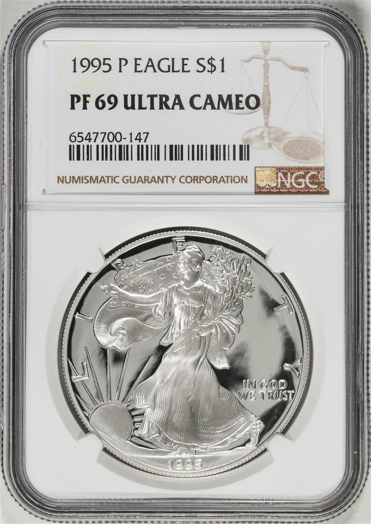 1995-P $1 Proof American Silver Eagle Coin NGC PF69 Ultra Cameo: One 1995-P $1 Proof American Silver Eagle Coin NGC PF69 Ultra Cameo. NGC Certified.