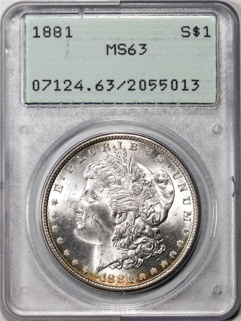 1881 $1 Morgan Silver Dollar Coin PCGS MS63 Green Rattler Holder: One 1881 $1 Morgan Silver Dollar Coin PCGS MS63 Green Rattler Holder. PCGS Graded.