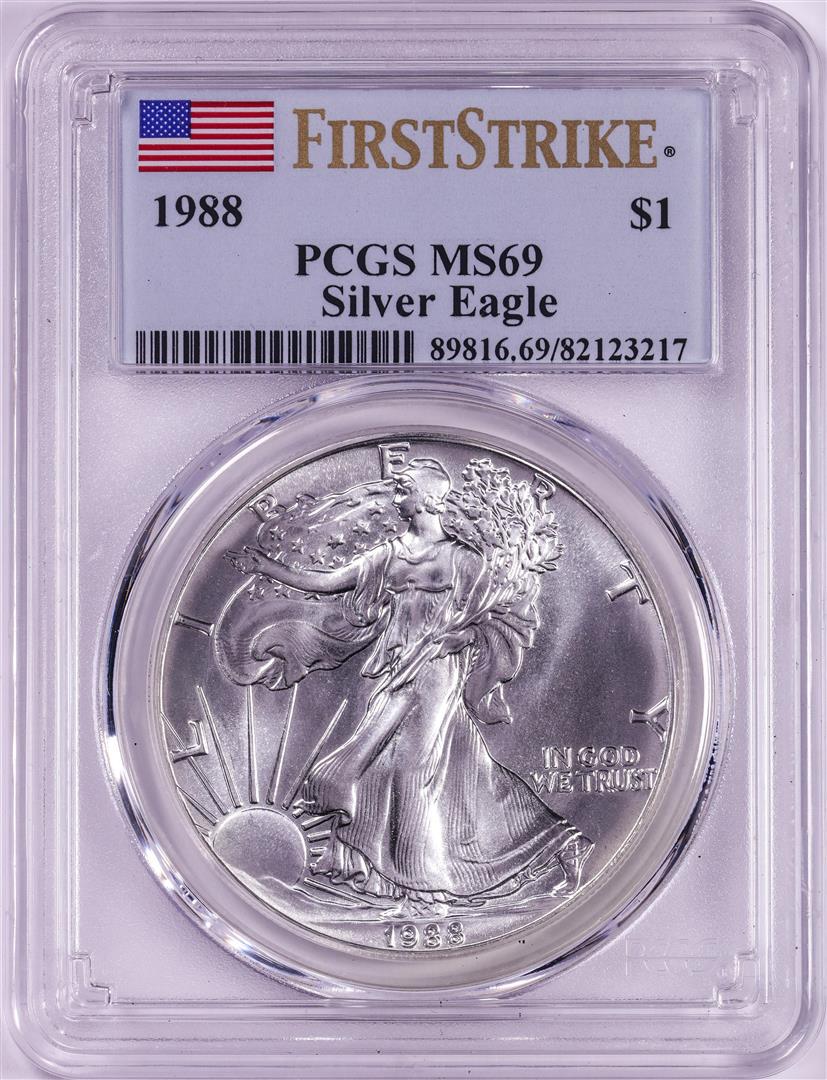 1988 $1 American Silver Eagle Coin PCGS MS69 First Strike: One 1988 $1 American Silver Eagle Coin PCGS MS69 First Strike. PCGS Graded.