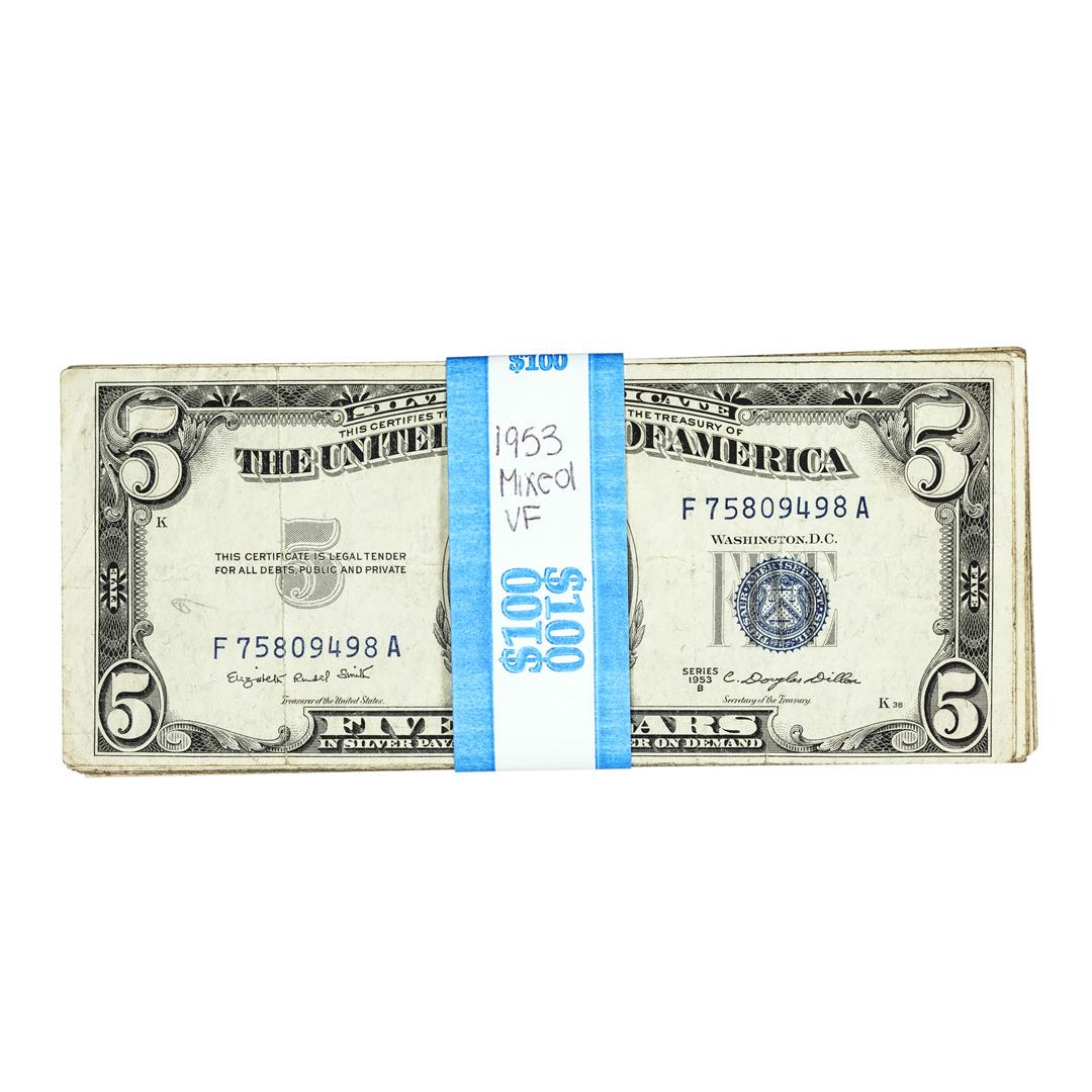 Lot of (20) Mixed Series 1953 $5 Silver Certificate Notes - Very Fine: One Lot of (20) Mixed Series 1953 $5 Silver Certificate Notes - Very Fine.
