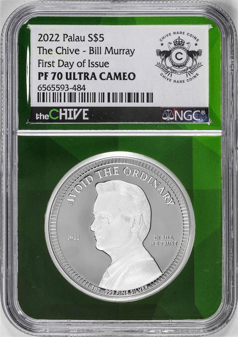 2022 Paulau $5 Proof The Chive Bill Murray Silver Coin NGC PF70 Ultra Cameo FDOI: One 2022 Paulau $5 Proof The Chive Bill Murray Silver Coin NGC PF70 Ultra Cameo FDOI. NGC Certified.
