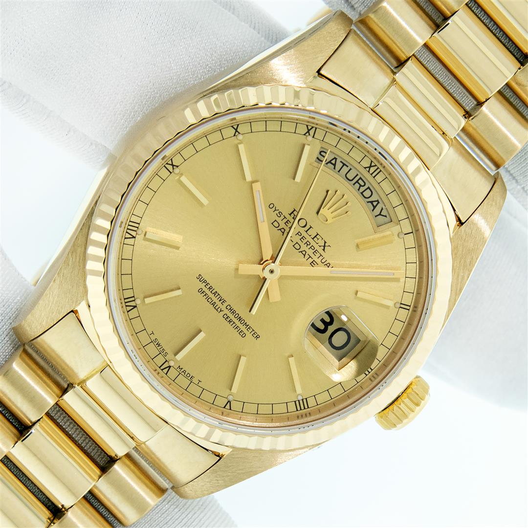 Rolex Men's 18K Yellow Gold Champagne Day Date President Watch With Rolex Box: One Men's Quickset Rolex Day Date 18K Yellow Gold President Polished, Serviced & Electronically Tested, Rolex 18K Yellow Gold Case: 36mm, Rolex 18K Yellow Gold Crown, Rolex Bezel: 18K Yellow Gold Flut