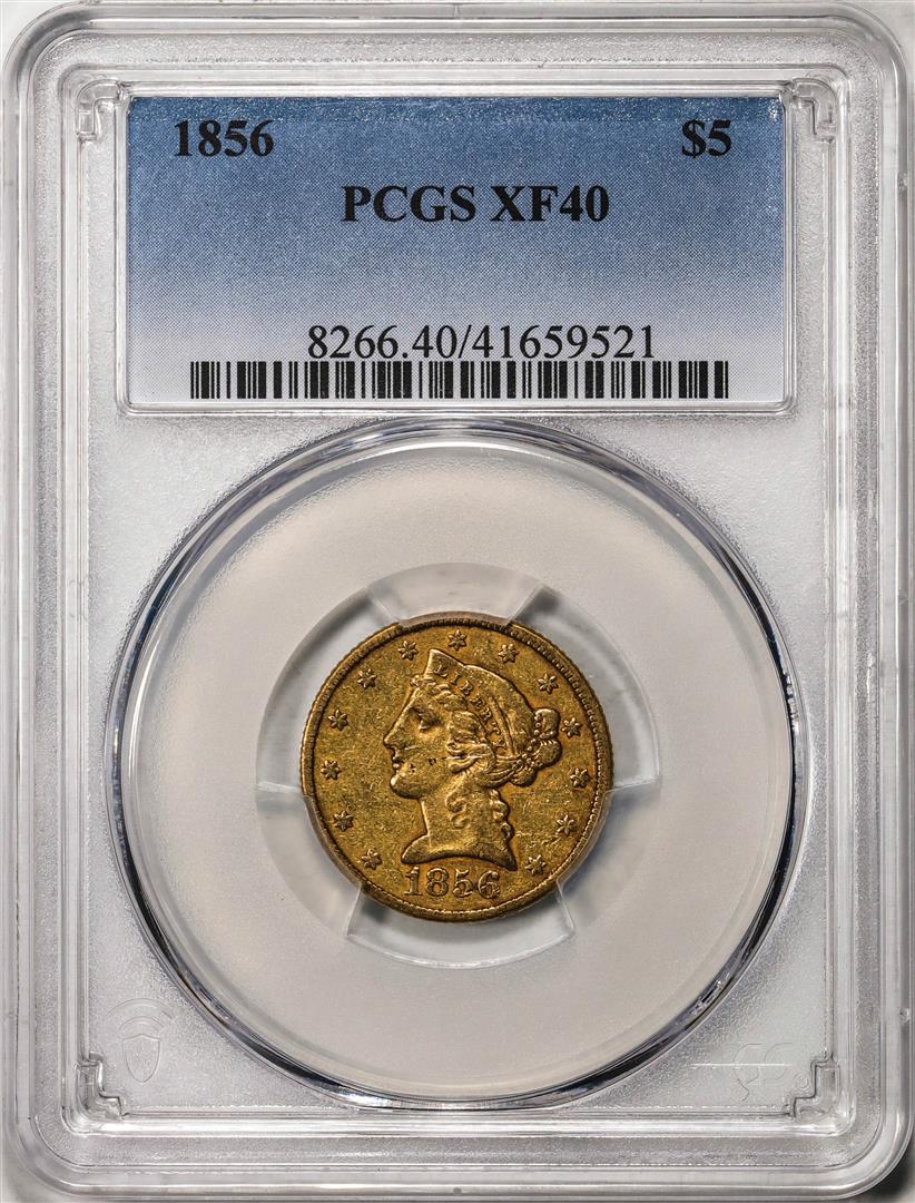 1856 $5 Liberty Head Half Eagle Gold Coin PCGS XF40: One 1856 $5 Liberty Head Half Eagle Gold Coin PCGS XF40. PCGS Graded.