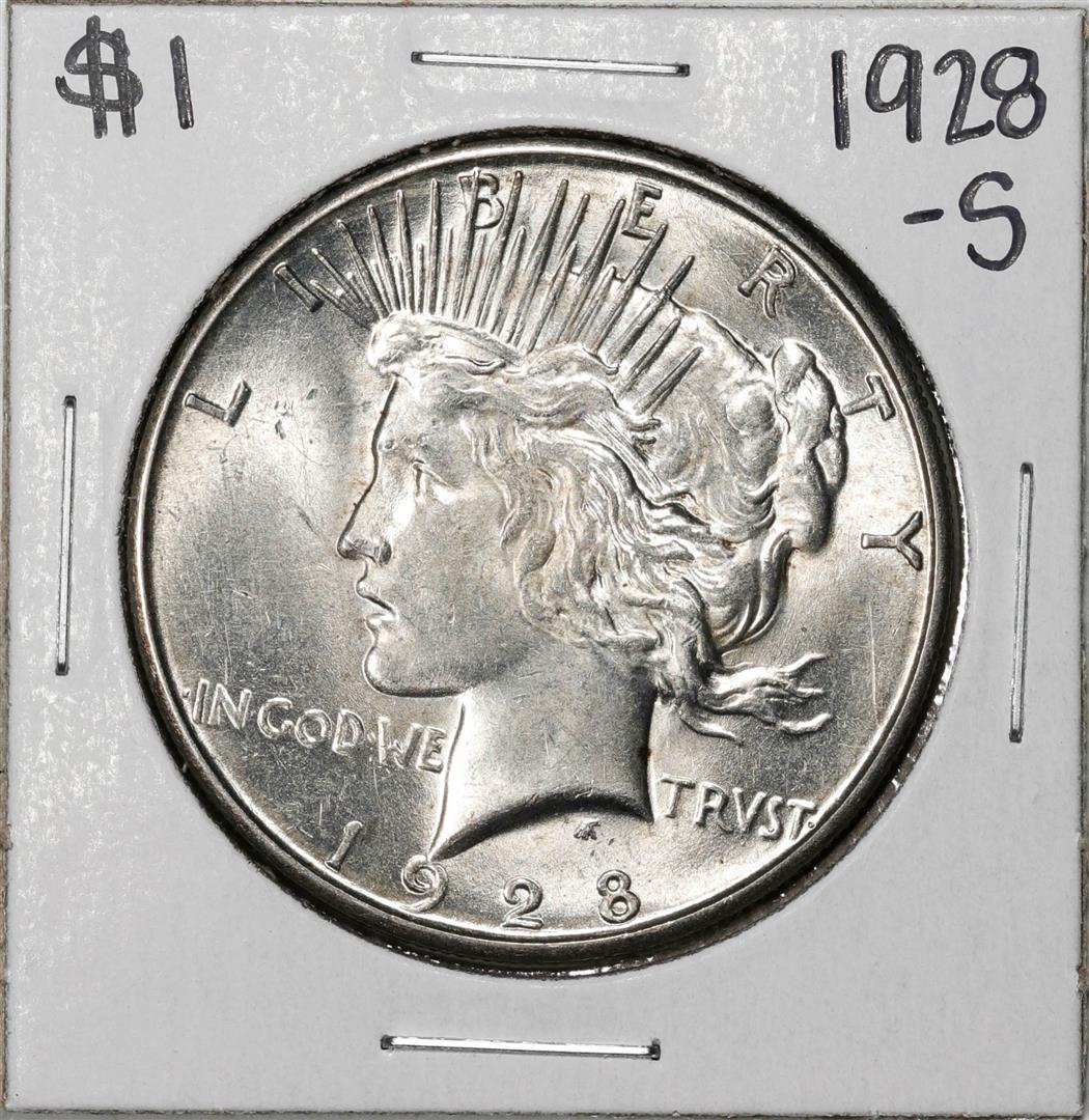 1928-S $1 Peace Silver Dollar Coin: One 1928-S $1 Peace Silver Dollar Coin.