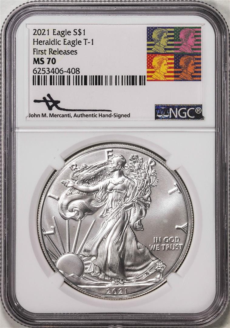 2021 Type 1 $1 American Silver Eagle Coin NGC MS70 First Releases Mercanti Signed: One 2021 Type 1 $1 American Silver Eagle Coin NGC MS70 First Releases Mercanti Signed. NGC Certified.