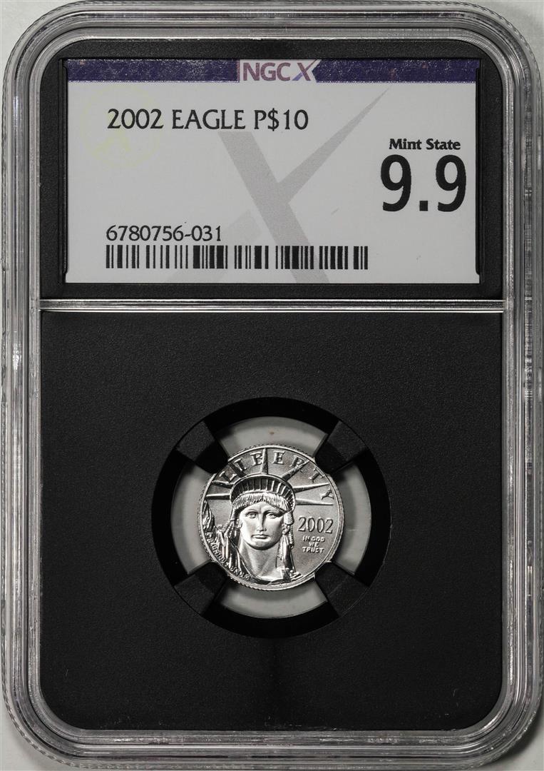 2002 $10 Platinum American Eagle Coin NGCX Mint State 9.9: One 2002 $10 Platinum American Eagle Coin NGCX Mint State 9.9. NGCX Certified.