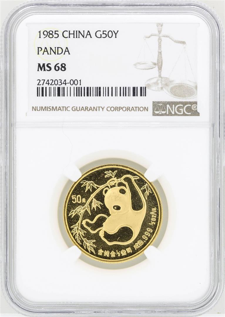 1985 China 50 Yuan Gold Panda Coin NGC MS68: One 1985 China 50 Yuan Gold Panda Coin NGC MS68. NGC Certified.