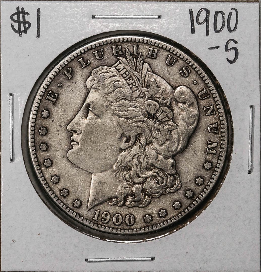 1900-S $1 Morgan Silver Dollar Coin: One 1900-S $1 Morgan Silver Dollar Coin.