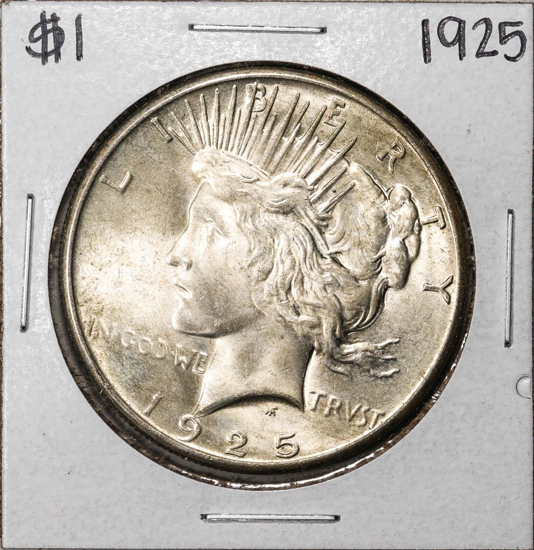 1925 $1 Peace Silver Dollar Coin: One 1925 $1 Peace Silver Dollar Coin.