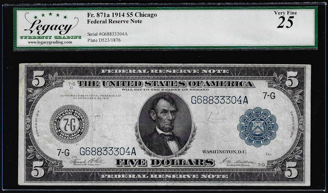1914 $5 Federal Reserve Note Chicago Fr.871A Legacy Very Fine 25: Checked Legacy Graded.