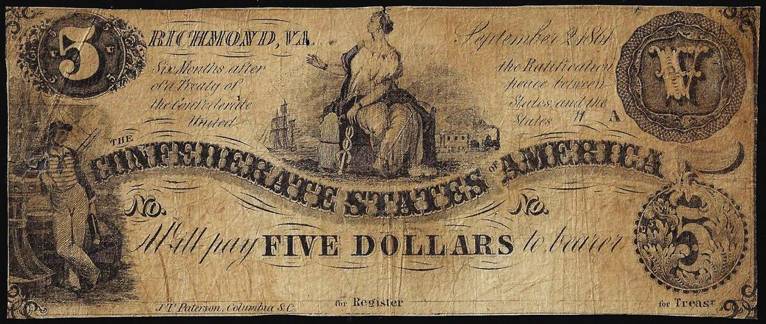 1861 $5 Confederate States of America Note: One 1861 $5 Confederate States of America Note.