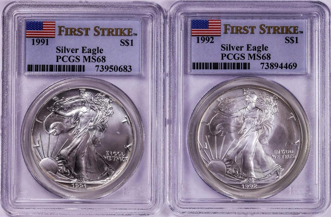 Lot of 1991-1992 $1 American Silver Eagle Coins PCGS MS68 First Strike: One Lot of 1991-1992 $1 American Silver Eagle Coins PCGS MS68 First Strike. PCGS Graded.