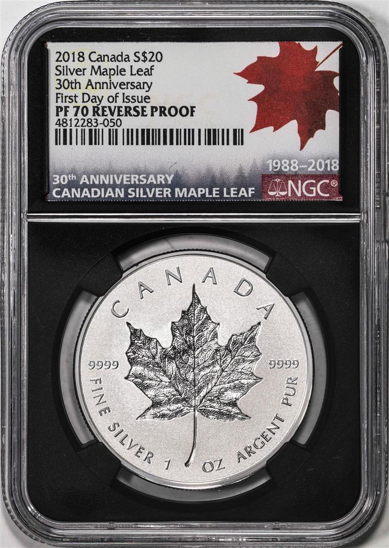 2018 Canada $20 Maple Leaf Silver Coin NGC PF70 Reverse Proof FDOI with COA: One 2018 Canada $20 Maple Leaf Silver Coin NGC PF70 Reverse Proof FDOI with COA. NGC Certified.