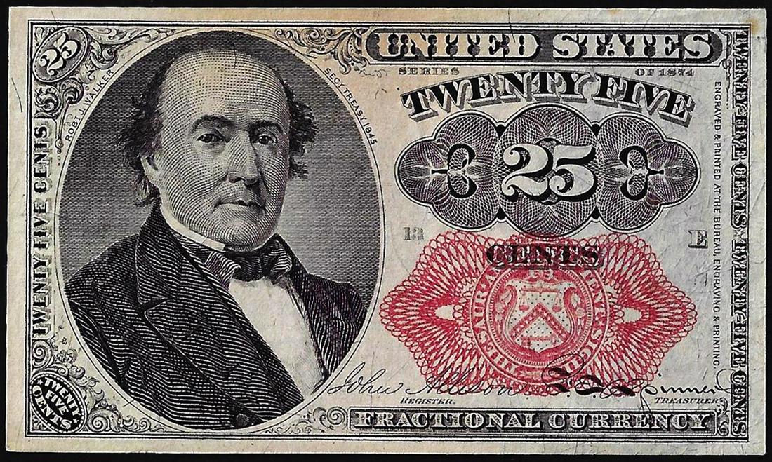 1874 Fifth Issue Twenty Five Cents Fractional Currency Note: One 1874 Fifth Issue Twenty Five Cents Fractional Currency Note.