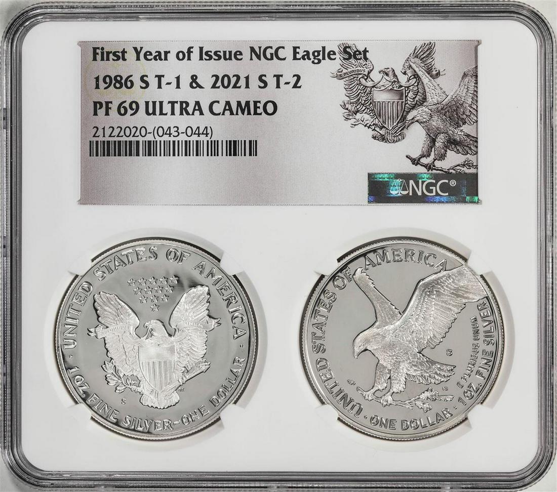 1986-S & 2021-S First Year of Issue $1 Proof Silver Eagle Coin Set NGC PF69 Ultra Cameo: One 1986-S & 2021-S First Year of Issue $1 Proof Silver Eagle Coin Set NGC PF69 Ultra Cameo. NGC Certified.