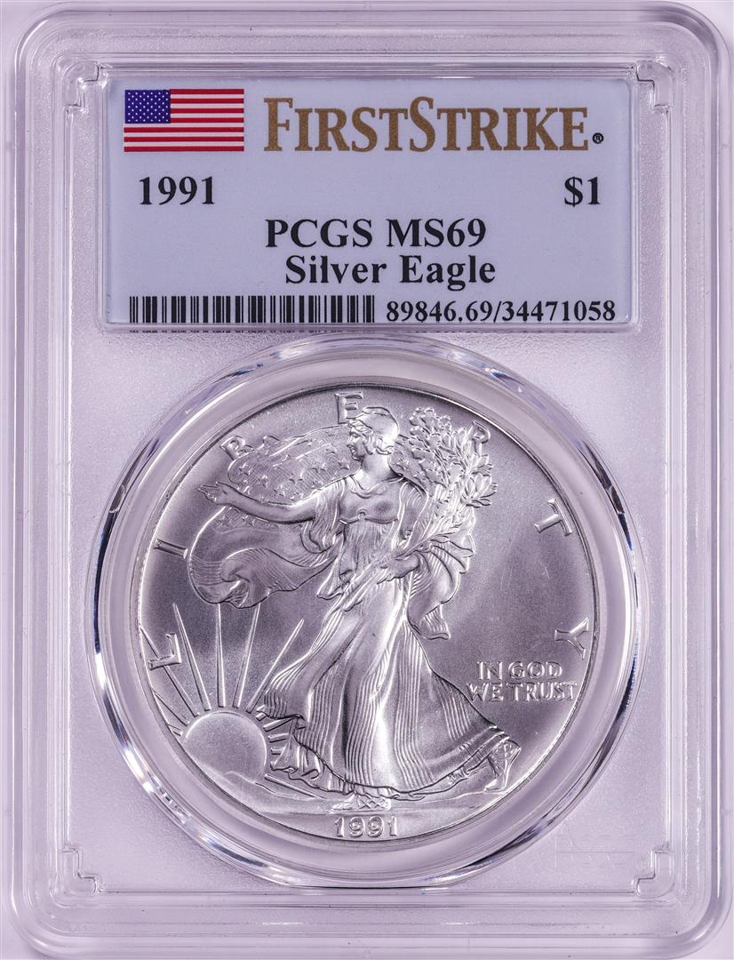 1991 $1 American Silver Eagle Coin PCGS MS69 First Strike: One 1991 $1 American Silver Eagle Coin PCGS MS69 First Strike. PCGS Graded.