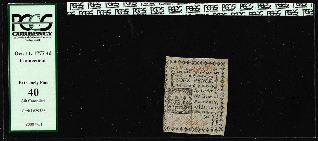 Oct. 11, 1777 Connecticut Four Pence Colonial Currency Note PCGS 40 Extremely Fine: One Oct. 11, 1777 Connecticut Four Pence Colonial Currency Note PCGS 40 Extremely Fine. PCGS Graded.