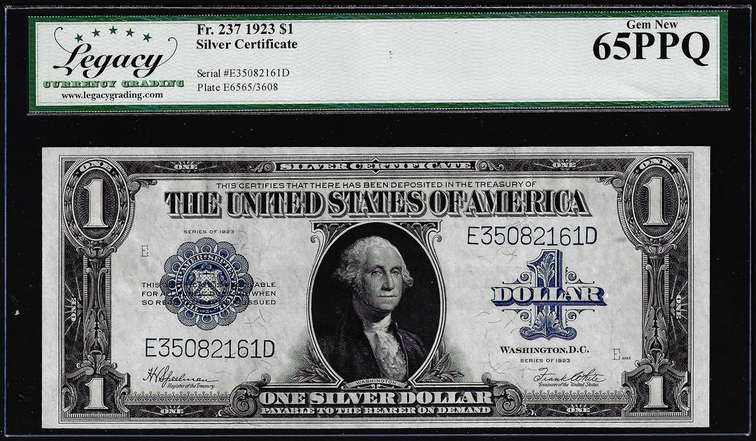1923 $1 Silver Certificate Note Fr.237 Legacy Gem New 65PPQ: One 1923 $1 Silver Certificate Note Fr.237 Legacy Gem New 65PPQ. Legacy Graded.