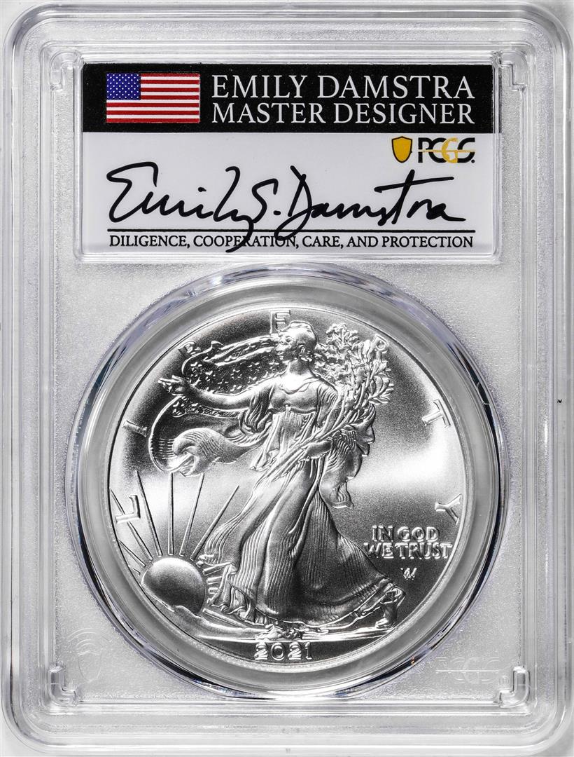 2021 Type 2 $1 American Silver Eagle Coin PCGS MS70 Damstra Signature First Strike: One 2021 Type 2 $1 American Silver Eagle Coin PCGS MS70 Damstra Signature First Strike. PCGS Graded.