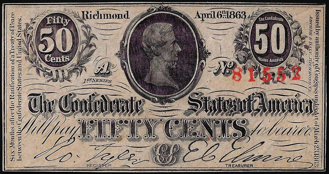 1863 Fifty Cents Confederate States of America Note: One 1863 Fifty Cents Confederate States of America Note.